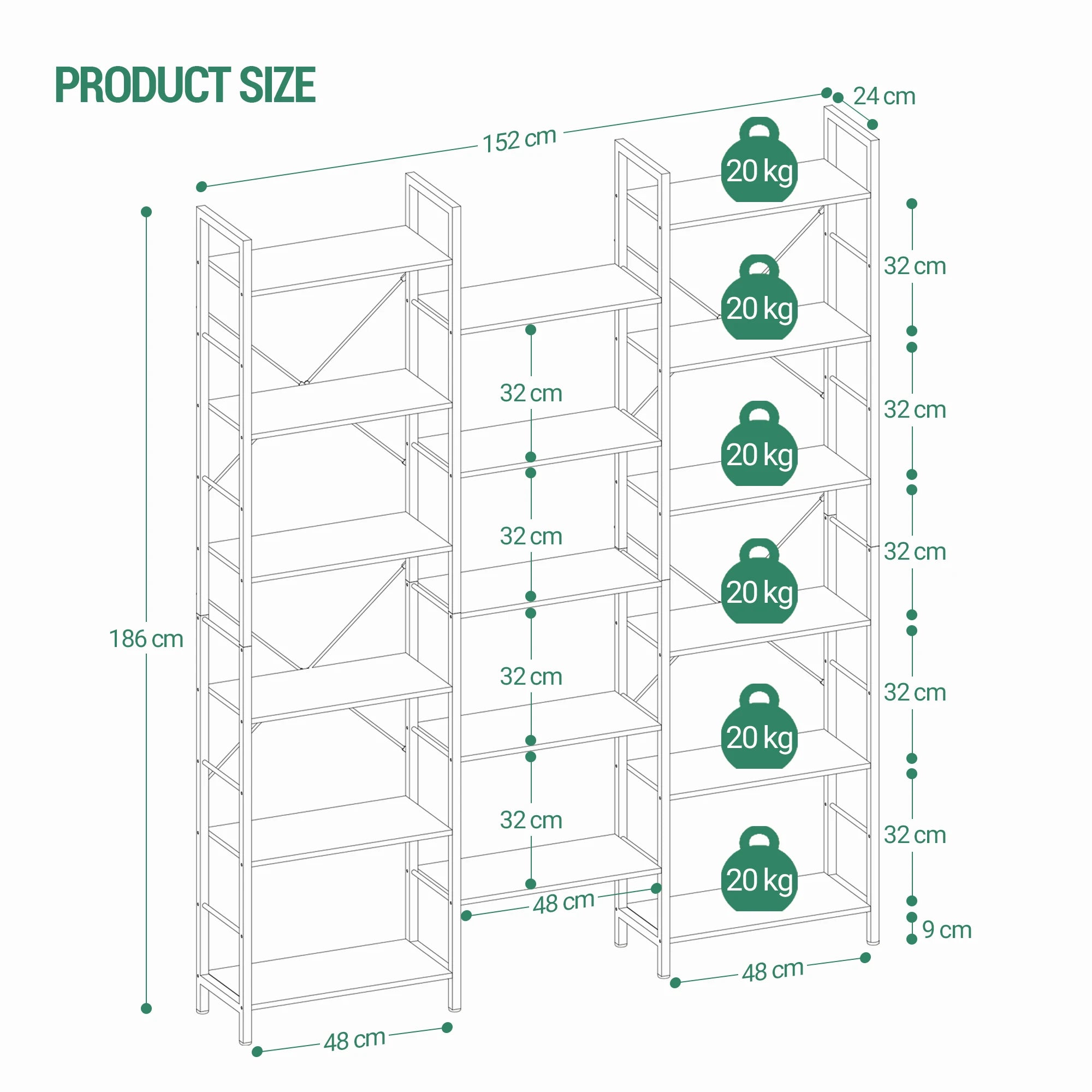 Bookcase, Standing Shelf with 17 Shelves, Adjustable Spacing, Book Shelf with Metal Frame, for Living Room, Bedroom