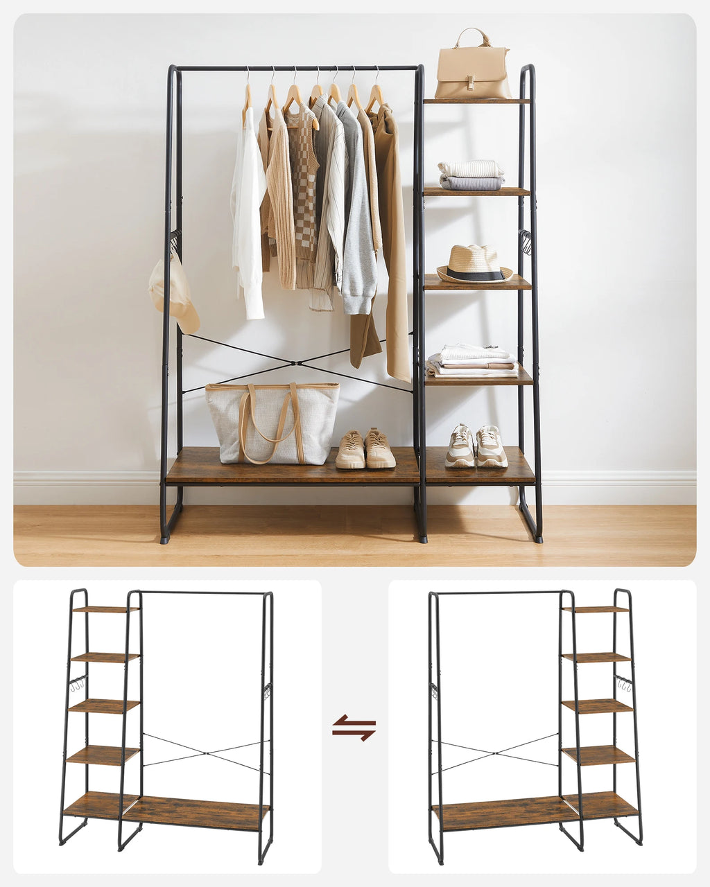 VASAGLE dresses stand, with dresses Rod, shoe shelf, 6 removable hooks