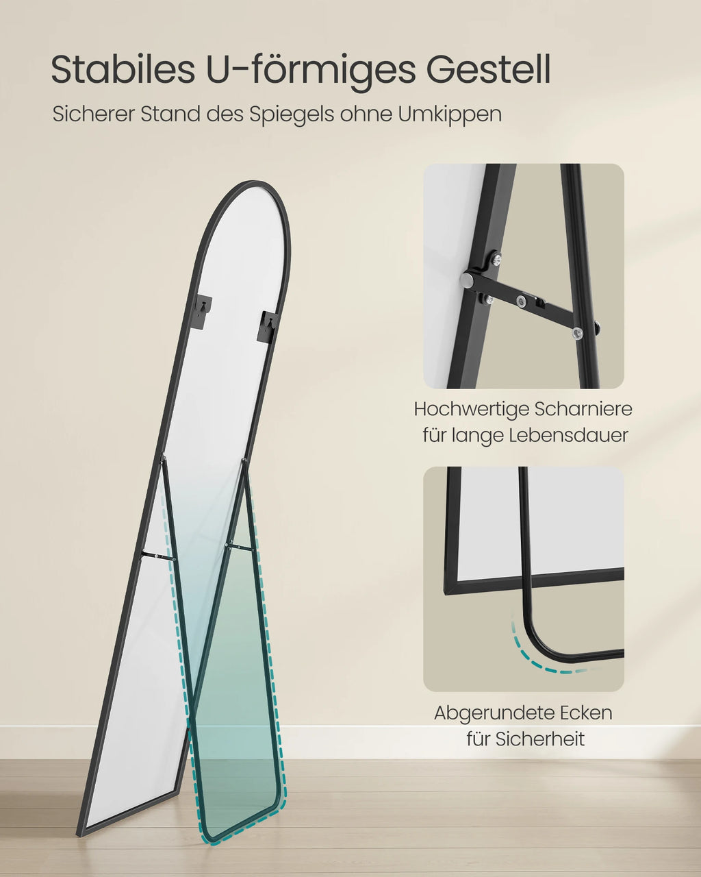 SONGMICS full-length mirror arched stand mirror aluminum alloy frame tempered glass