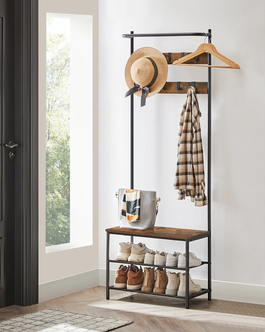 VASAGLE coat rack, wardrobe with shoe bench, dresses stand, dresses Rod, 9 removable hooks, 32.2X64x180 cm
