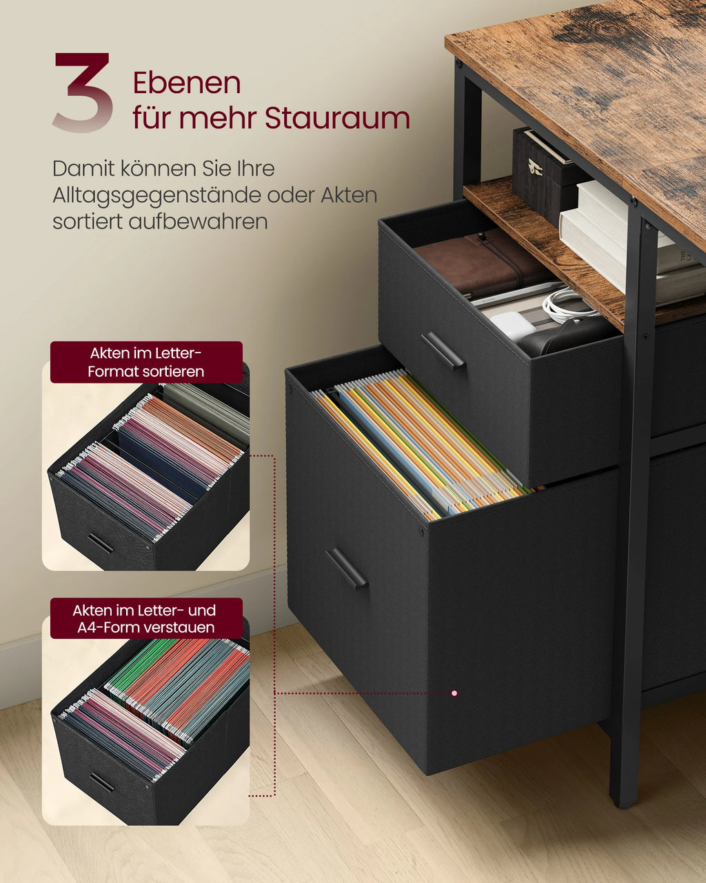 VASAGLE Computer table, office table, desk, with 3 shelves, 2 drawers, 60x140x76 cm, for office