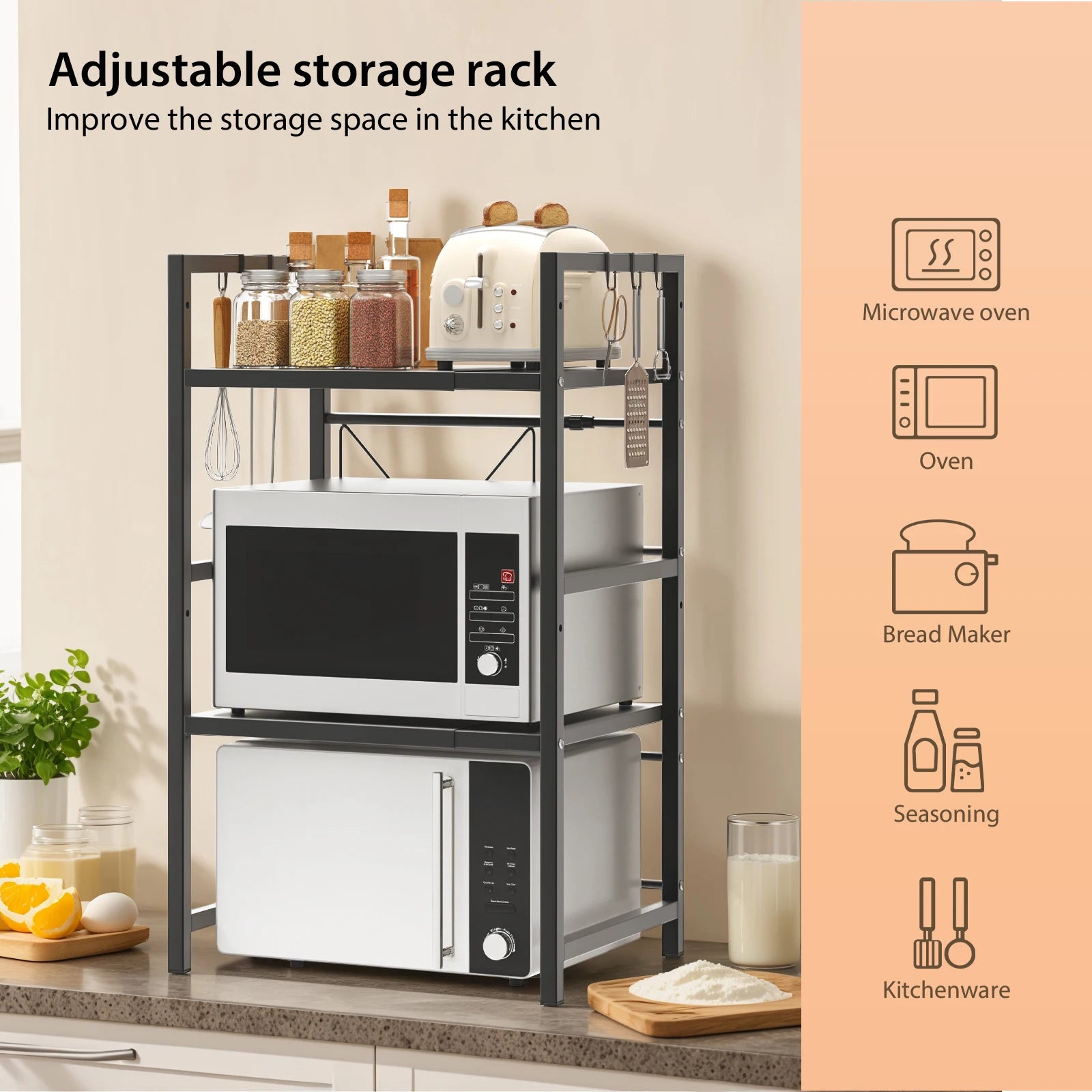Kitchen Storage Rack Metal Condiment Organizer Shelf Expandable Microwave Shelf Height Adjustable