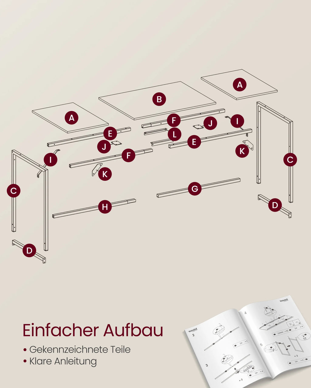 VASAGLE Desk, computer table, office table, for study, bedroom, 50x100x75 cm, industrial design