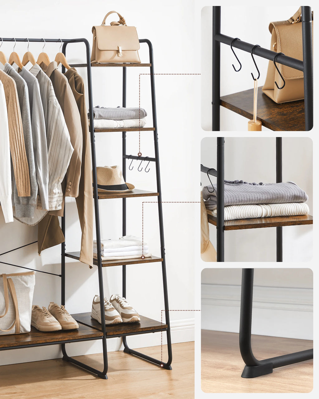 VASAGLE dresses stand, with dresses Rod, shoe shelf, 6 removable hooks
