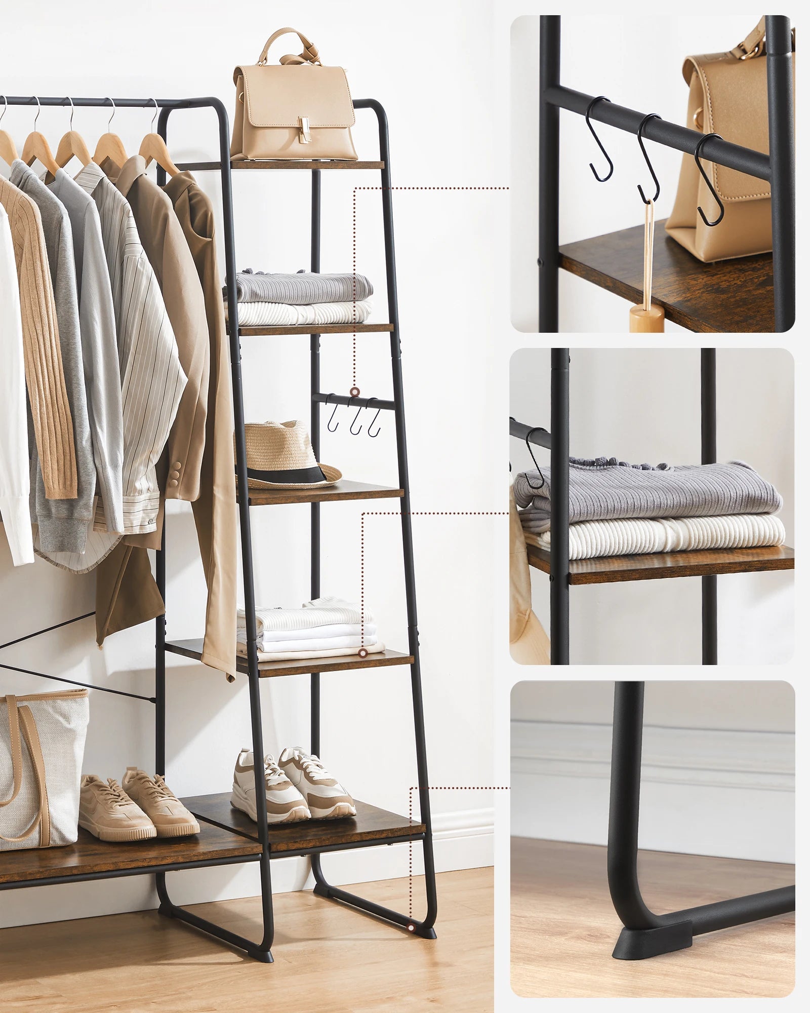 VASAGLE dresses stand, with dresses Rod, shoe shelf, 6 removable hooks