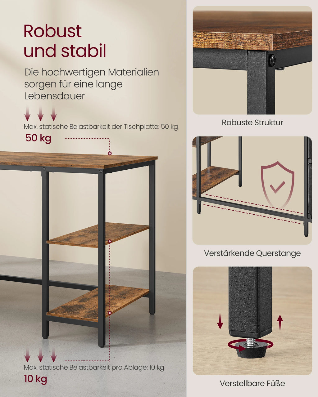 VASAGLE Computer table, office table, desk, with 3 shelves, 2 drawers, 60x140x76 cm, for office