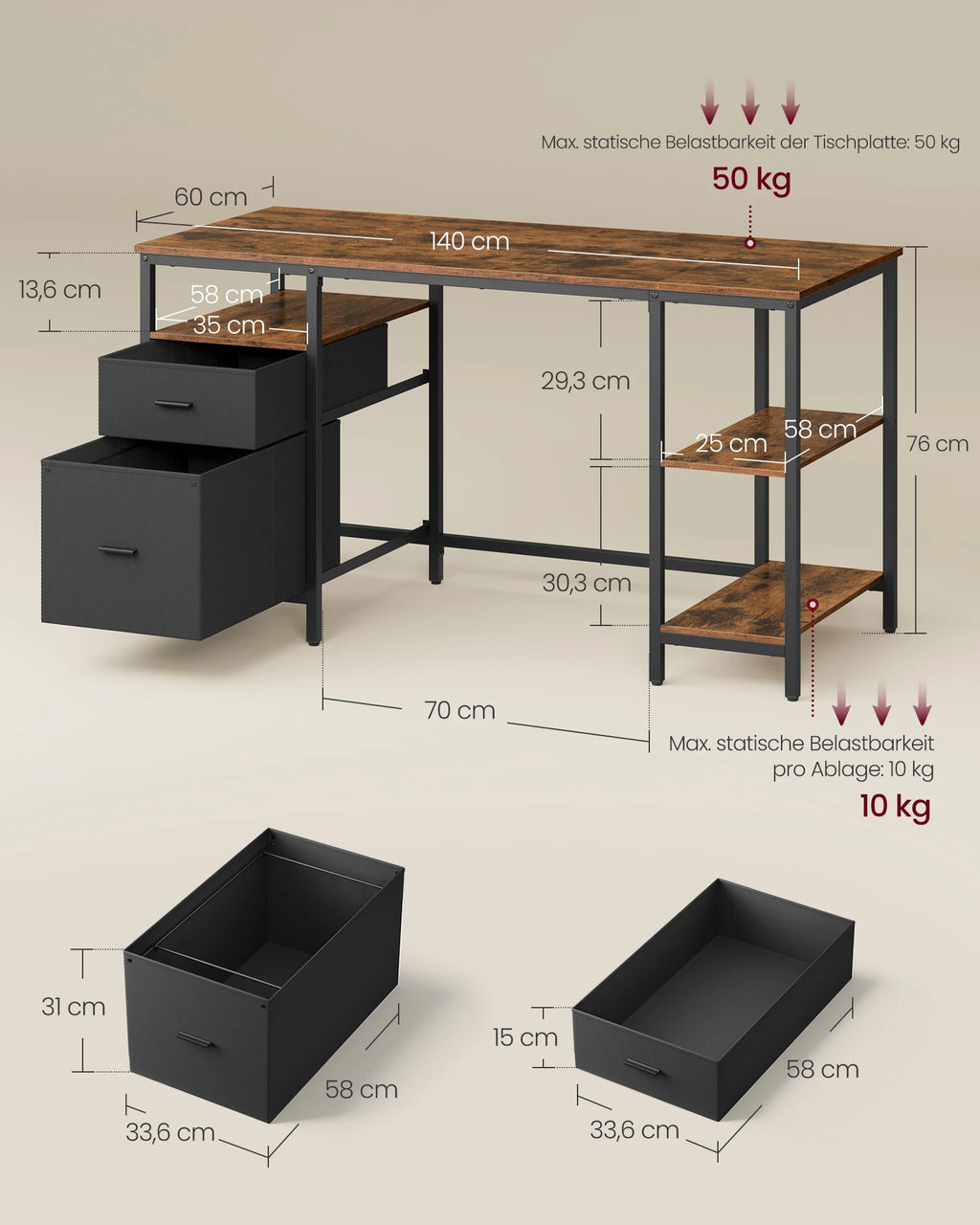 VASAGLE Computer table, office table, desk, with 3 shelves, 2 drawers, 60x140x76 cm, for office