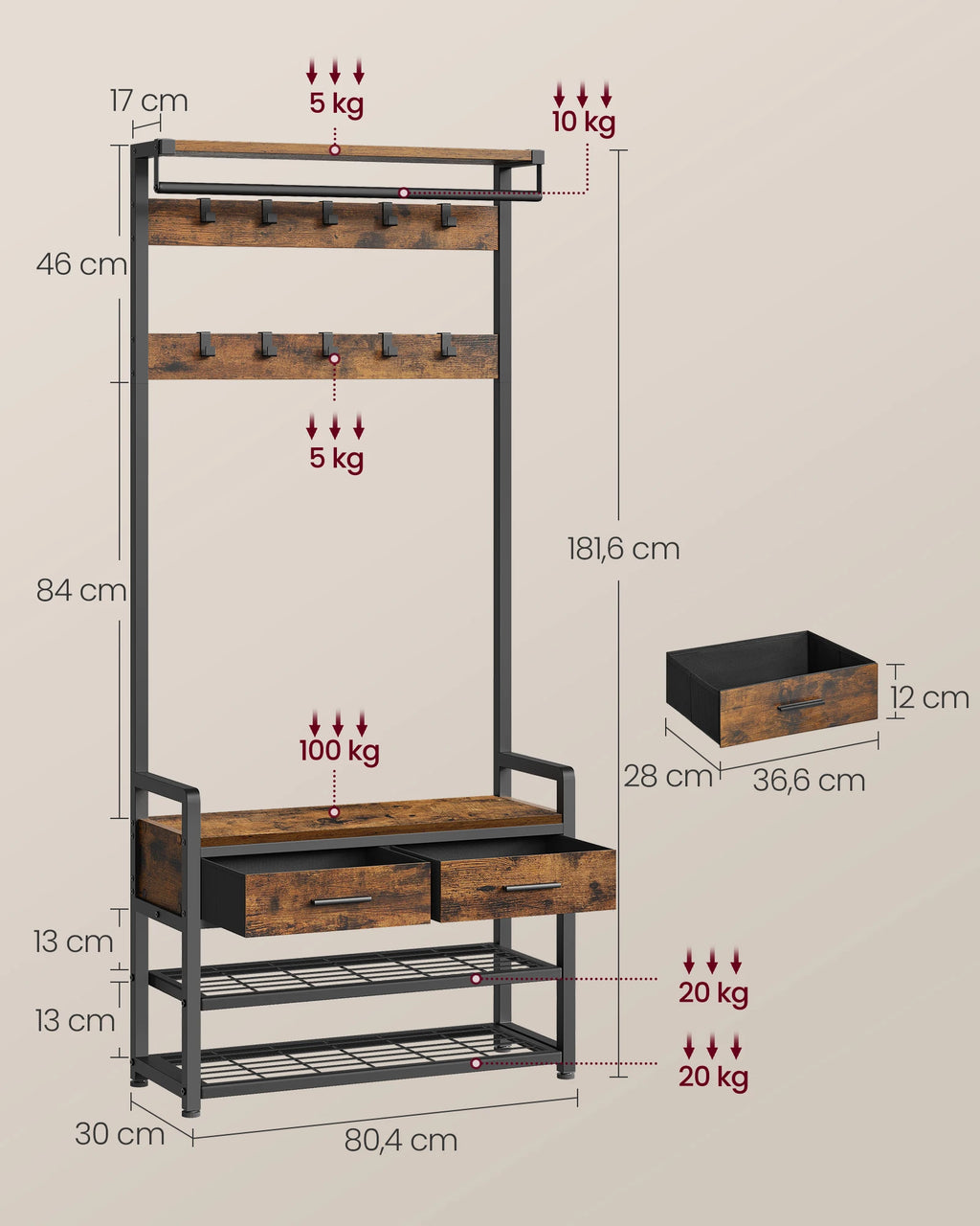 VASAGLE coat rack, Separable Design, coat rack with Shoe Bench