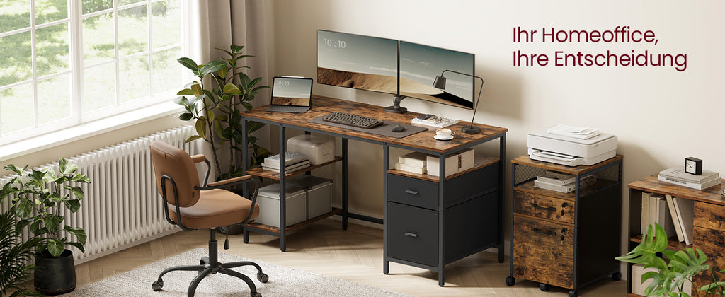 VASAGLE Computer table, office table, desk, with 3 shelves, 2 drawers, 60x140x76 cm, for office
