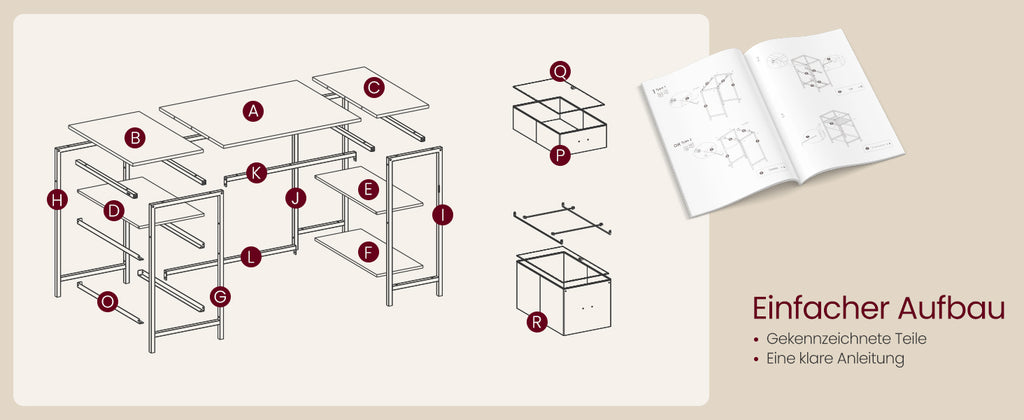 VASAGLE Computer table, office table, desk, with 3 shelves, 2 drawers, 60x140x76 cm, for office