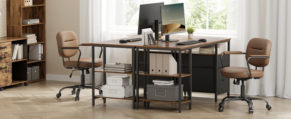 VASAGLE Computer table, office table, desk, with 3 shelves, 2 drawers, 60x140x76 cm, for office